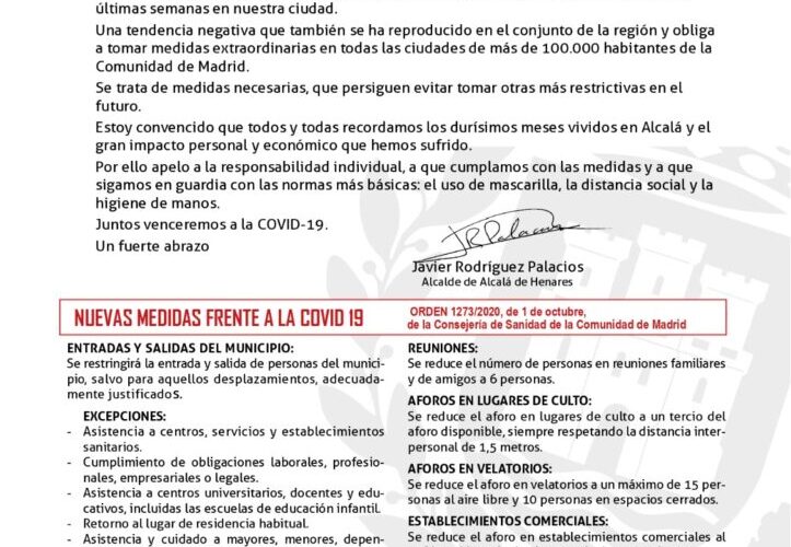 ALCALÁ DE HENARES/ El alcalde llama a cumplir las nuevas medidas de restricción