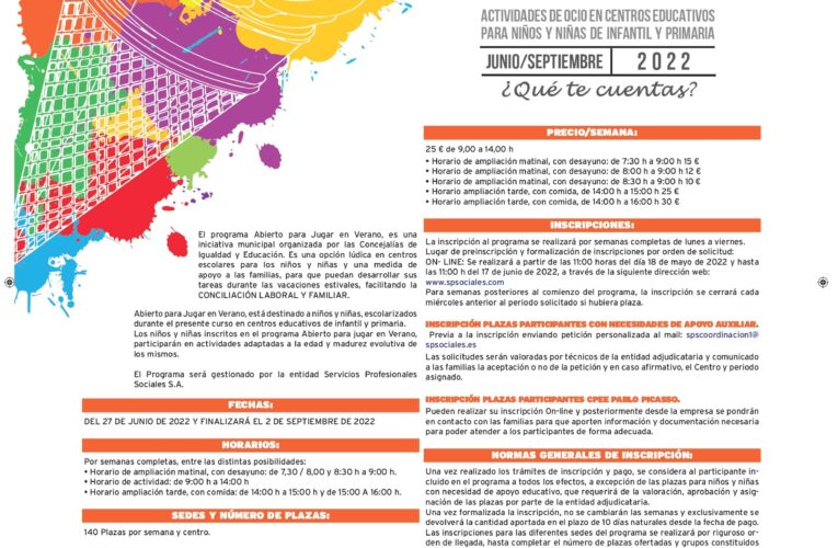 Educación vuelve a poner en marcha “Abierto para Jugar en Verano” en colegios de la ciudad durante todas las vacaciones estivales